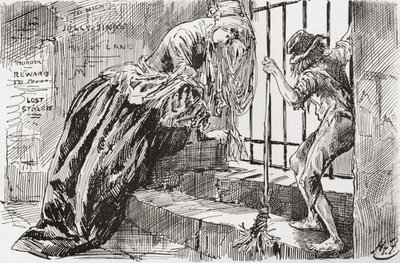 Lady Dedlock en Jo. "Hij werd daar neergezet," zegt Jo, terwijl hij zich aan de tralies vasthoudt en naar binnen kijkt, terwijl Lady Dedlock in een hoek wegkruipt. Illustratie door Harry Furniss voor de roman Bleak House van Charles Dickens, uit The Testim door Harry Furniss
