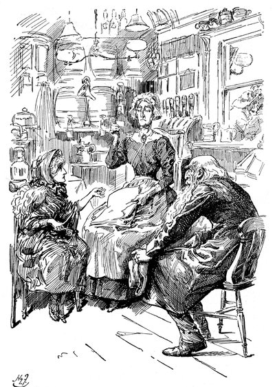 Mr. Riah en Miss Wren bij de Six Jolly Fellowship Porters, 1912 door Harry Furniss