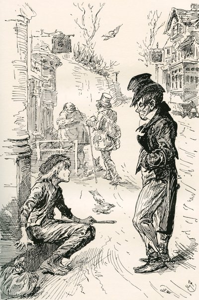 Oliver ontmoet The Artful Dodger. "Hullo, mijn vriend, wat is er aan de hand?" zei deze vreemde jonge heer tegen Oliver. "Ik ben erg hongerig en moe," antwoordde Oliver; de tranen stonden in zijn ogen terwijl hij sprak. "Ik heb een lange weg gelopen. Ik he door Harry Furniss