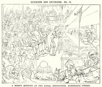 Punch cartoon: Een vrolijke ontmoeting bij de Royal Institution, Albemarle Street, Londen (gravure) door Harry Furniss
