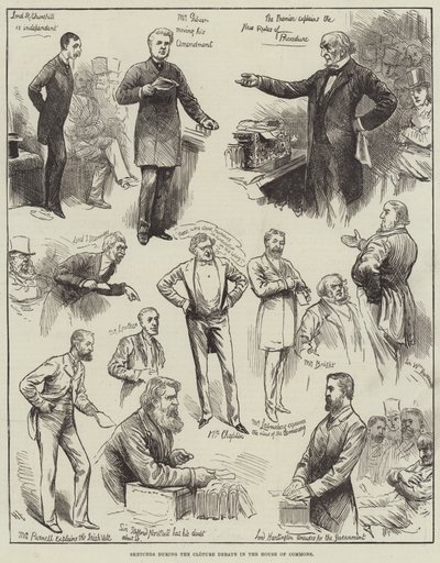 Schetsen tijdens het Cloture-debat in het Lagerhuis door Harry Furniss