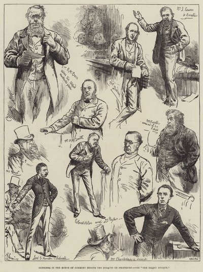 Schetsen in het Lagerhuis tijdens de debatten over procedures door Harry Furniss