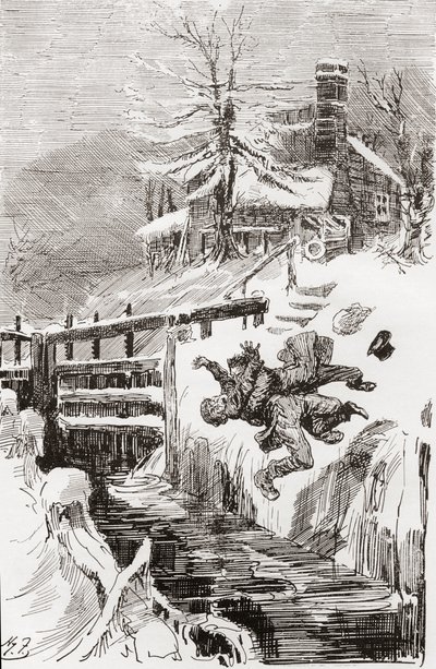 De Doodsstrijd in het Slot. "Heb ik je niet verteld." "Ik zal je levend vasthouden, en ik zal je dood vasthouden," riep Bradley, terwijl Riderhood achterover over de gladde put ging, en Bradley Headstone op hem." Illustratie door Harry Furniss voor de roma door Harry Furniss