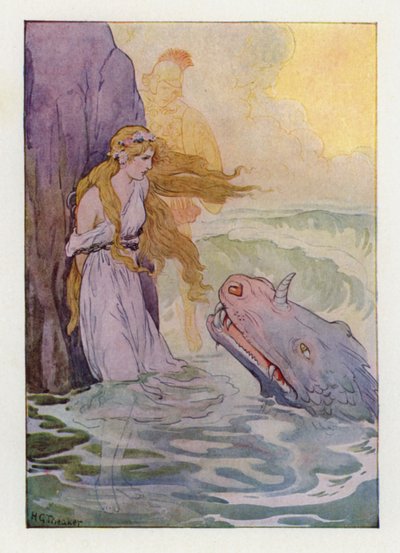 Andromeda en het monster (kleurenlitho) door Harry George Theaker