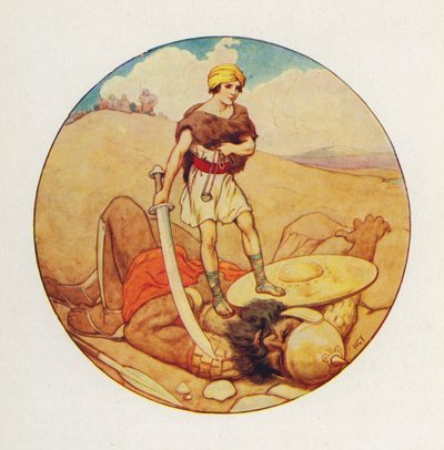 David greep het zwaard van de reus en hakte het hoofd van Goliath af (kleurenlitho) door Harry George Theaker