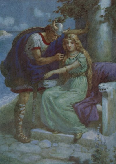 Frithiof en Ingeborg, uit "Het pak van koning Ring" (kleurenlitho) door Harry George Theaker