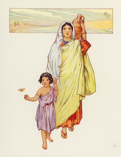 Hagar en Ismaël trokken de woestijn in (kleurenlitho) door Harry George Theaker
