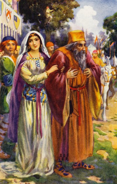 "Hij zag Izaäk de Jood en zijn lieftallige dochter Rebecca" (kleurenlitho) door Harry George Theaker