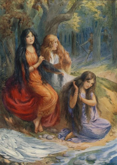 Hladgrun, Olrun en Alvit, uit "Wayland de Smith" (kleurenlitho) door Harry George Theaker