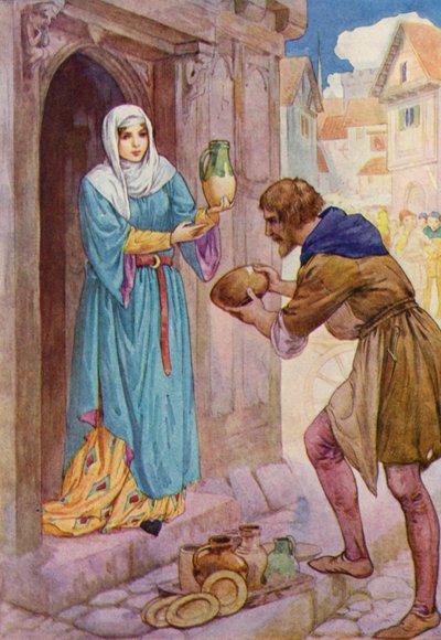 "Ik breng deze arme vaten als geschenk voor Meesteres de Rainault," zei Robin tegen de dienstmeid (kleurenlitho) door Harry George Theaker