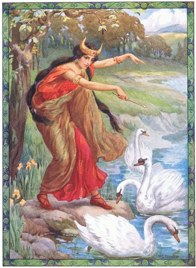 "In plaats van de vier kinderen wat zag zij" (uit de Kinderen van Lir) (kleurenlitho) door Harry George Theaker