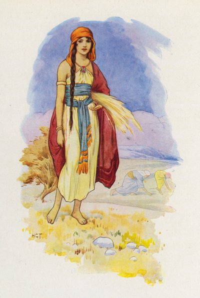 Ruth sprokkelt op het veld (kleurenlitho) door Harry George Theaker