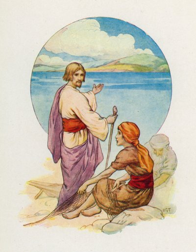 "Simon Petrus en Andreas, kom! Volg Mij!" (kleurenlitho) door Harry George Theaker