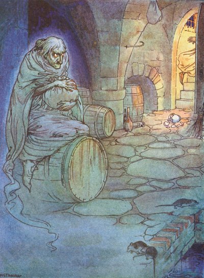 De oude man gekleed in grijs, een legende uit Dover (kleurenlitho) door Harry George Theaker