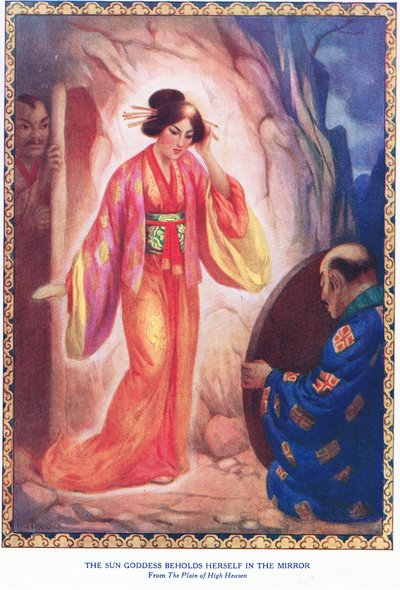 De zonnegodin aanschouwt zichzelf in de spiegel (uit de Vlakte van de Hoge Hemel) (litho) door Harry George Theaker