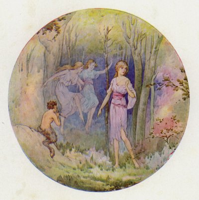 De bosnimfen die dansten in het zonlicht en het maanlicht (kleurenlitho) door Harry George Theaker