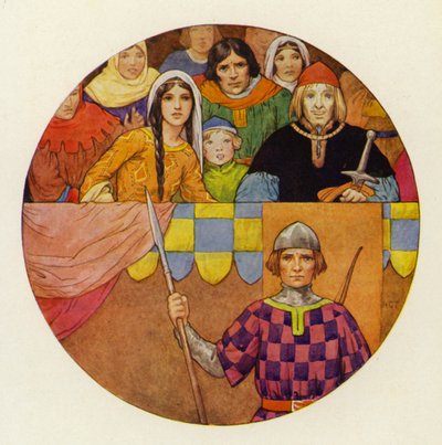 Er was een schitterende bijeenkomst van ridders en dames op de tribune (kleurenlitho) door Harry George Theaker