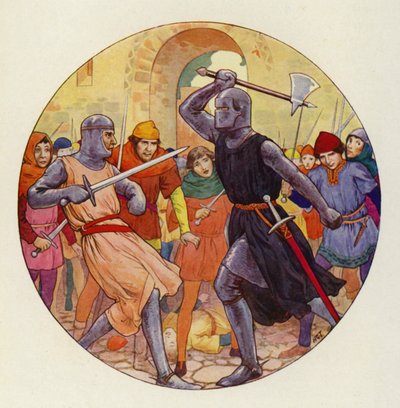 Drie keer stootte Isambart, en drie keer ging de stoot wijd (kleurenlitho) door Harry George Theaker