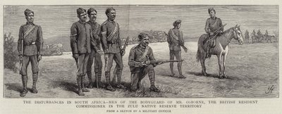 De onrusten in Zuid-Afrika, mannen van de lijfwacht van Mr Osborne, de Britse resident-commissaris in het Zulu Native Reserve Territory door Harry Hamilton Johnston
