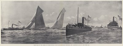 Eerste race van de serie internationale jachtraces tussen Defender en Valkyrie III door Harry M. Pettit