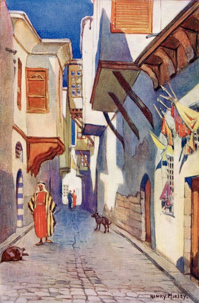 Een straat in Damascus, Syrië, ca. 1910, uit A Book of Modern Palestine van Richard Penlake, gepubliceerd ca. 1910. door Harry Morley