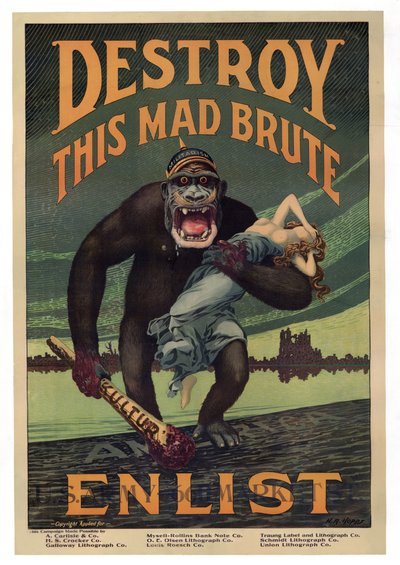 Wervingscampagne "Vernietig deze gekke bruut - Meld je aan", pub. 1917 door Harry R. Hopps