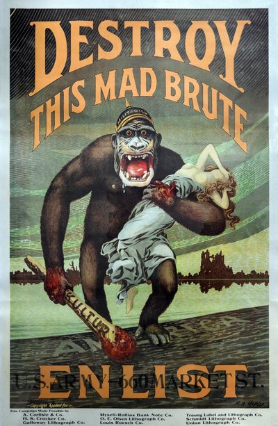 Amerikaanse militaire WW1 wervingscampagne "Vernietig dit gekke beest - Meld je aan" pub. 1917 door Harry R. Hopps