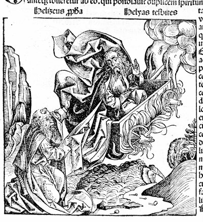 Elia stijgt op in een vurige wagen, zijn landgoed achterlatend aan Elisa. Hartmann Schedel: Kroniek van Neurenberg. Neurenberg 1497 door Hartmann Schedel