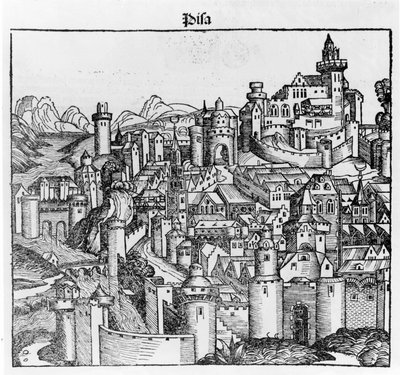Pisa na "Liber Chronicarum" door Hartmann Schedel. Neurenberg 1493 door Hartmann Schedel