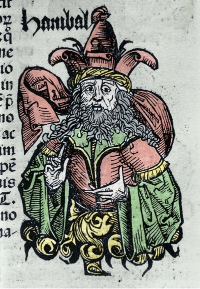 Portret van Hannibal of Annibal Barca, Carthaagse generaal en staatsman. Houtsnede uit 