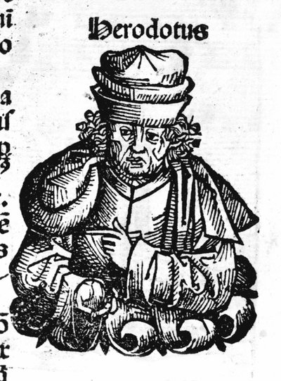 Portret van Herodotus (484 v.Chr. - 425 v.Chr.), Griekse historicus. Xylografie van Hartmann Schedel Chronicles of Nuremberg door Hartmann Schedel