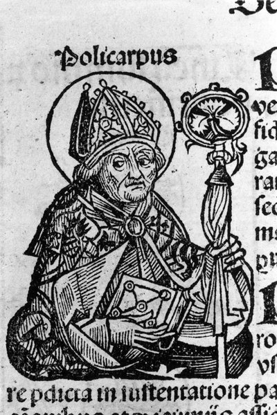 Portret van Sint Polycarpus van Smyrna, bisschop. Gravure uit de Kronieken van Neurenberg door Hartmann Schedel door Hartmann Schedel
