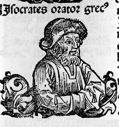 Portret van de Attische redenaar Isocrates (436-338 v.Chr.). Houtsnede uit 