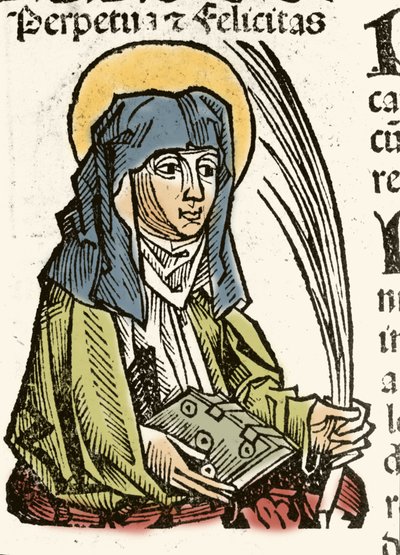 Voorstelling van Sint Perpetuus, martelaarschap in Carthago. Houtsnede van Hartmann Schedel 