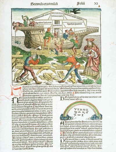 De bouw van de ark van Noach, beschrijving van de activiteiten van scheepsbouwers door Hartmann Schedel