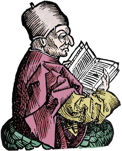 De historicus en theoloog Beda de Eerbiedwaardige (673-735) (Beda Venerabilis). Houtsnede uit 