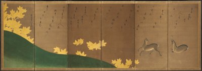 Hert met esdoorns, ca.1605-10 (zesluik kamerscherm: inkt, kleur en goud op papier) door Hasagawa & Sodon Tetsuzan (1531 1617) (attr.) Tohaku