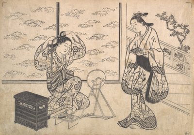 Twee vrouwen in een kamer die uitkomt op een veranda door Hasegawa Mitsunobu