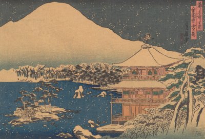 Kinkakuji gezien in vallende sneeuw door Hasegawa Sadanobu