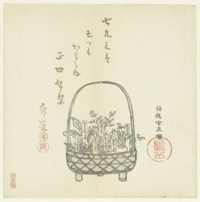Een mand met jonge scheuten door Hasegawa Settan