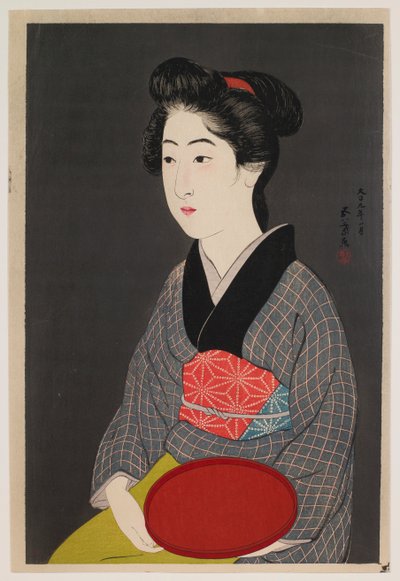 Serveerster met een dienblad (Portret van Onao, een dienstmeid in de Matsuyoshi Inn, Kyoto) door Hashiguchi Goyô