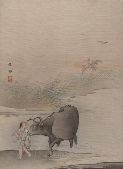 Jongen met koe aan de oever van de rivier door Hashimoto Gaho