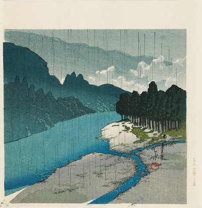 Houtsnede - Regen bij de Okutama-rivier, 1988 door Hasui Kawase