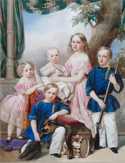 Kinderen van Hertog Peter van Oldenburg 1812-1881: Alexandra, Katharine, Nikolaus, Alexander en Georg door Hau