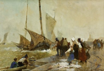 Een drukke kade in Bretagne met terugkerende vissersboten door Hector Caffieri