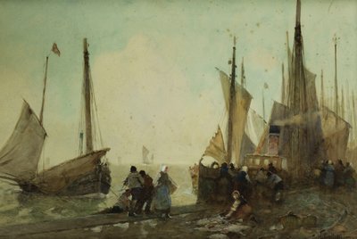 Vissersboten lossen op de kade, Bretagne door Hector Caffieri