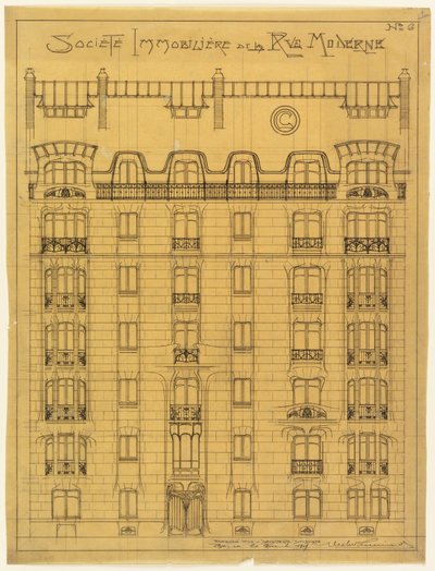 Ontwerp voor de gevel van Société Immobilière de la Rue Modern, nr. 6 door Hector Guimard
