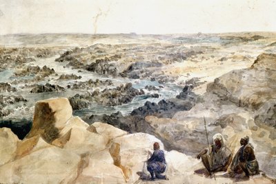 De kunstenaar komt aan bij de Tweede Cataract en schrijft zijn naam op een rots door Hector Horeau