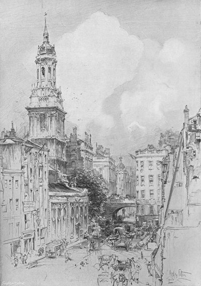 St Magnus de Martelaar toont de droge boog van de London Bridge en de resten van de Mermaid Tavern door Hedley Fitton
