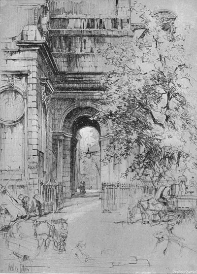 De oude ingang van de London Bridge onder de toren van St. Magnus door Hedley Fitton